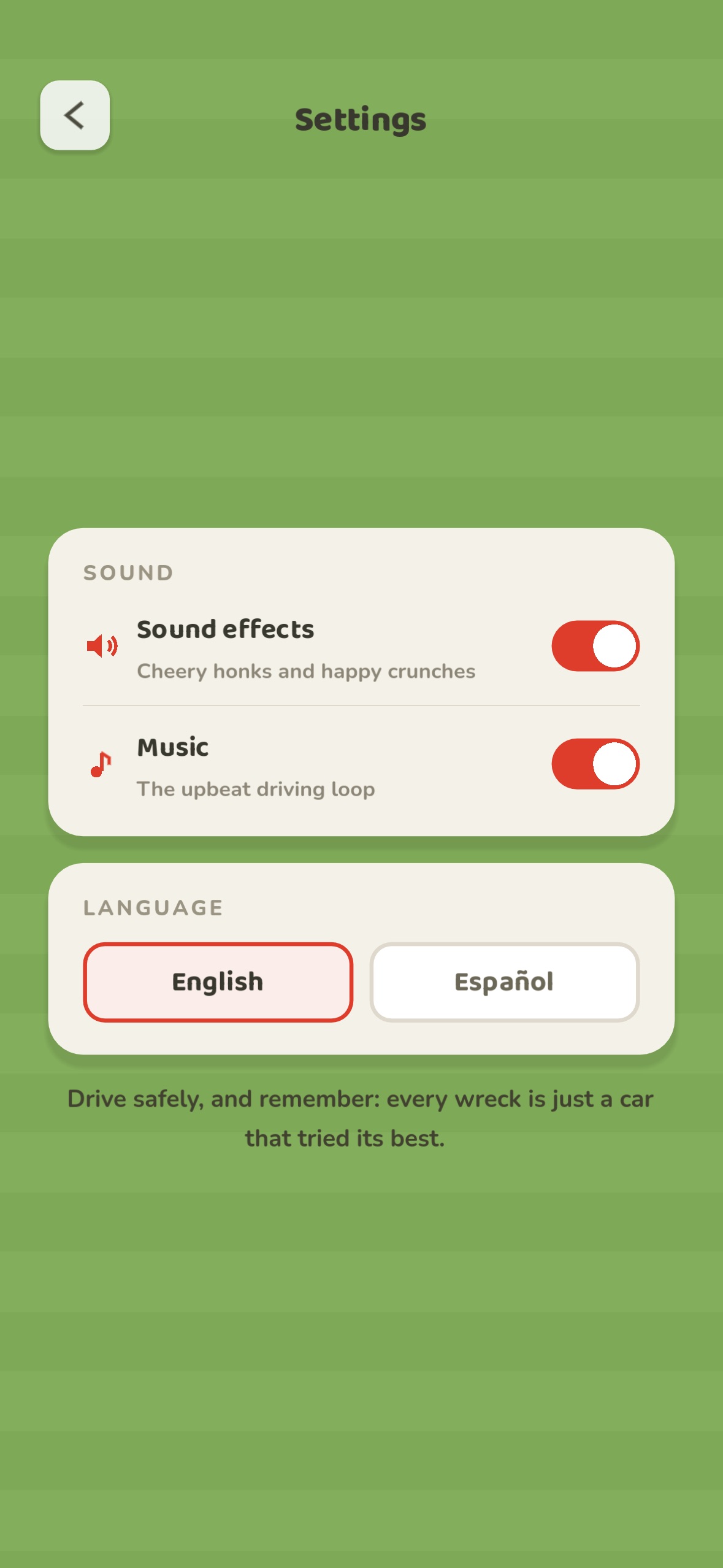 Settings screen